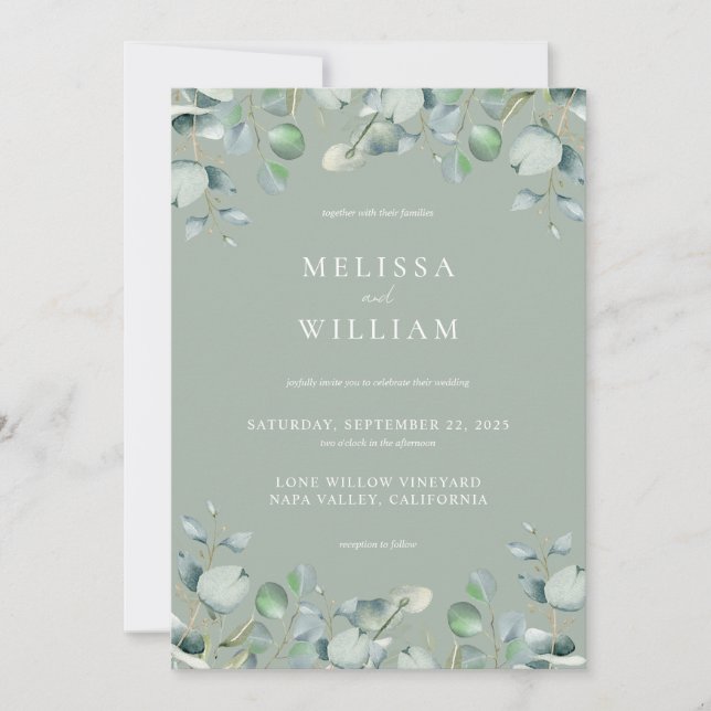 Elegant Eucalyptus Greenery Sage Green Wedding Einladung (Vorderseite)