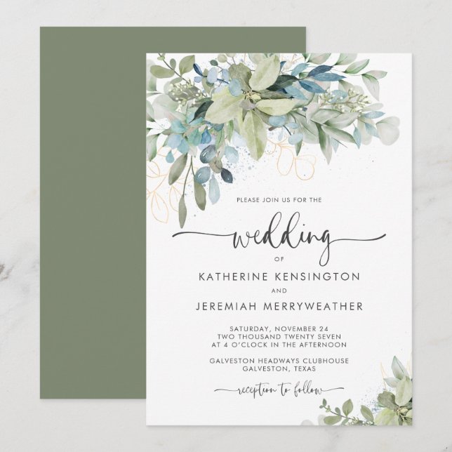 Elegant Eucalyptus Greenery Wedding Einladung (Vorne/Hinten)