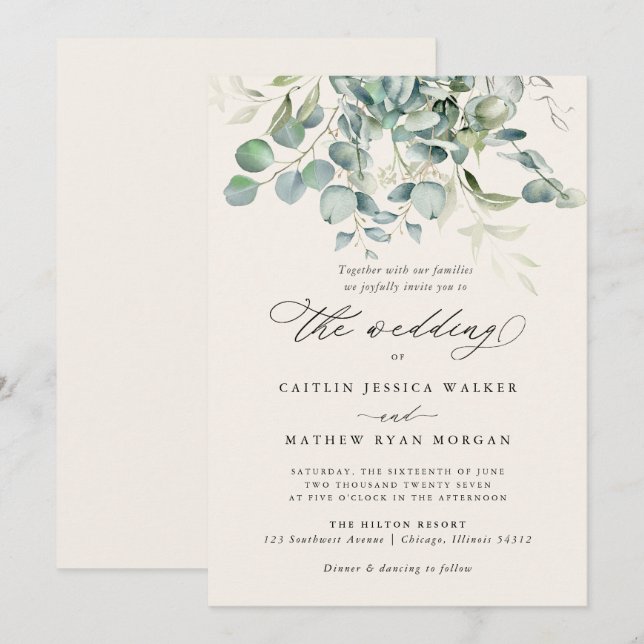 Elegant Eucalyptus Greenery Wedding Einladung (Vorne/Hinten)