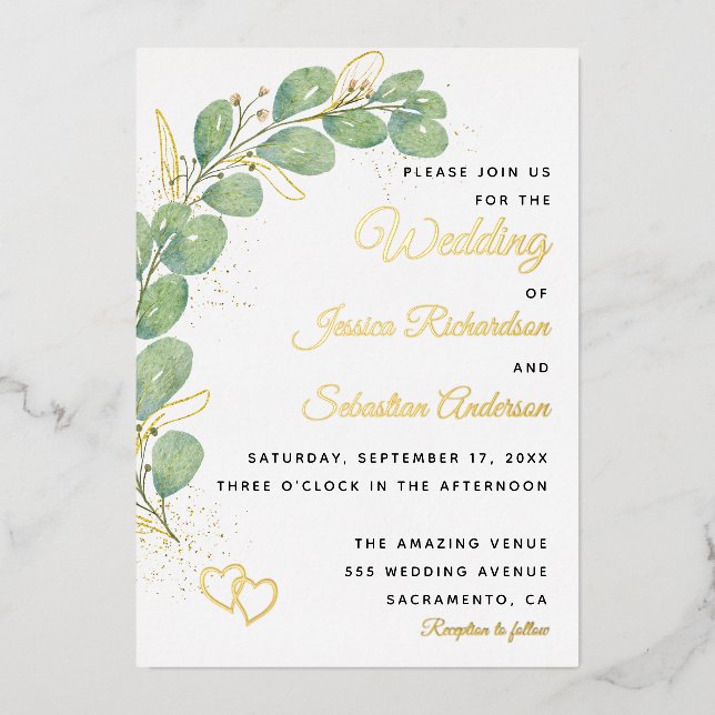 Elegant Eucalyptus Greenery Wedding Folieneinladung (Vorderseite)