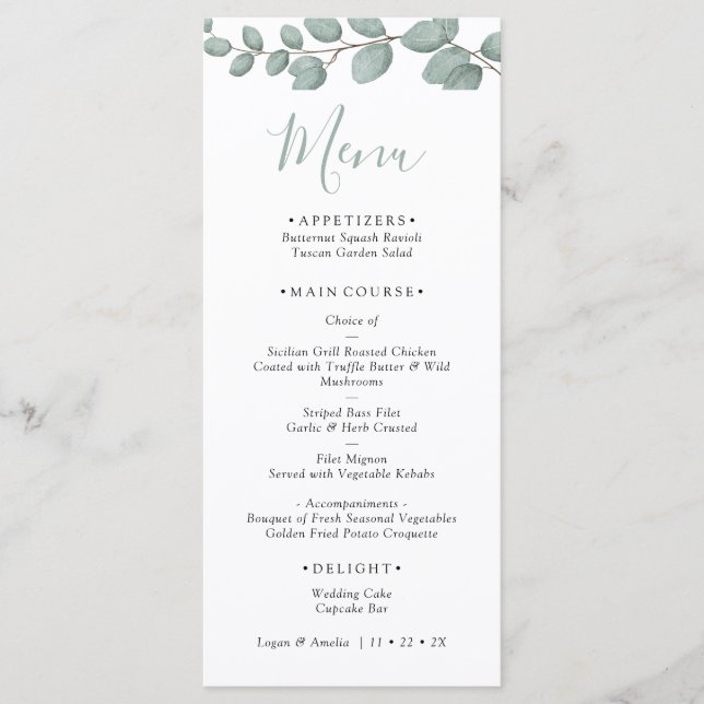Elegant Eucalyptus Greenery Wedding Menu Card (Devant)