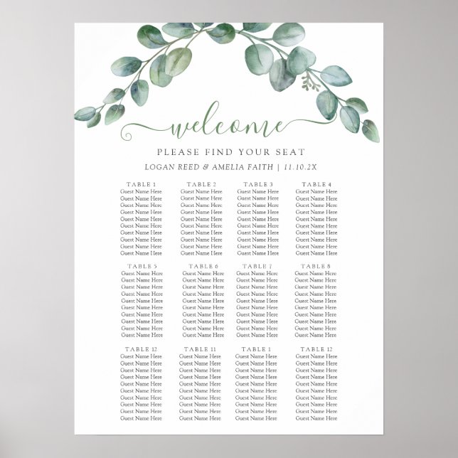 Elegant Eucalyptus Greenery Wedding Seating Chart Poster (Vorne)