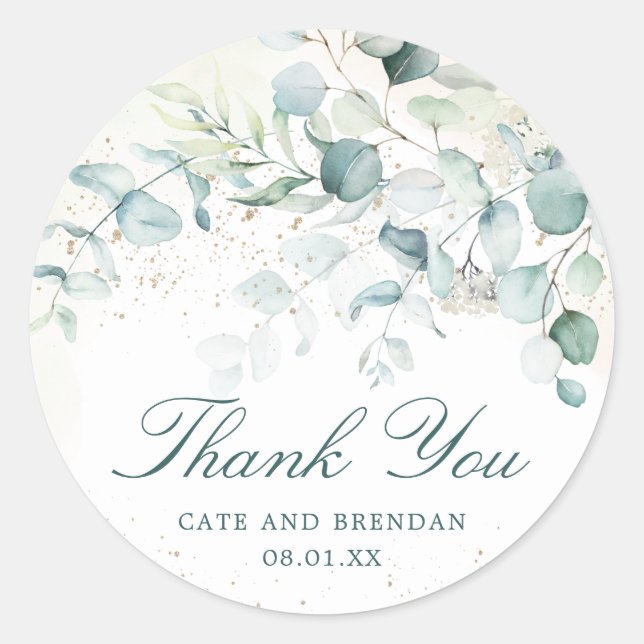 Elegant Eucalyptus Greenery Wedding Vielen Dank Runder Aufkleber (Vorderseite)