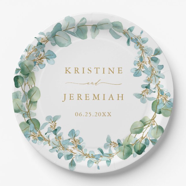 Elegant Eucalyptus Greenery Wreath Gold Wedding Pappteller (Vorderseite)