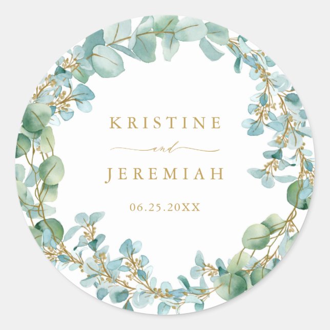 Elegant Eucalyptus Greenery Wreath Gold Wedding Runder Aufkleber (Vorderseite)