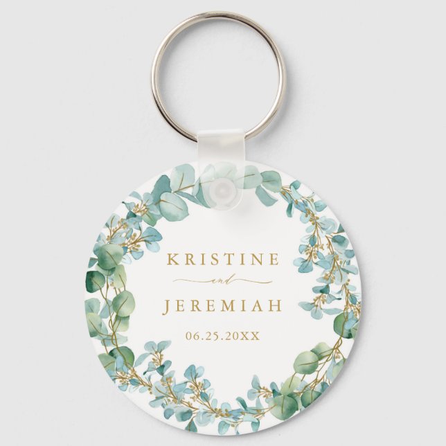Elegant Eucalyptus Greenery Wreath Gold Wedding Schlüsselanhänger (Vorderseite)