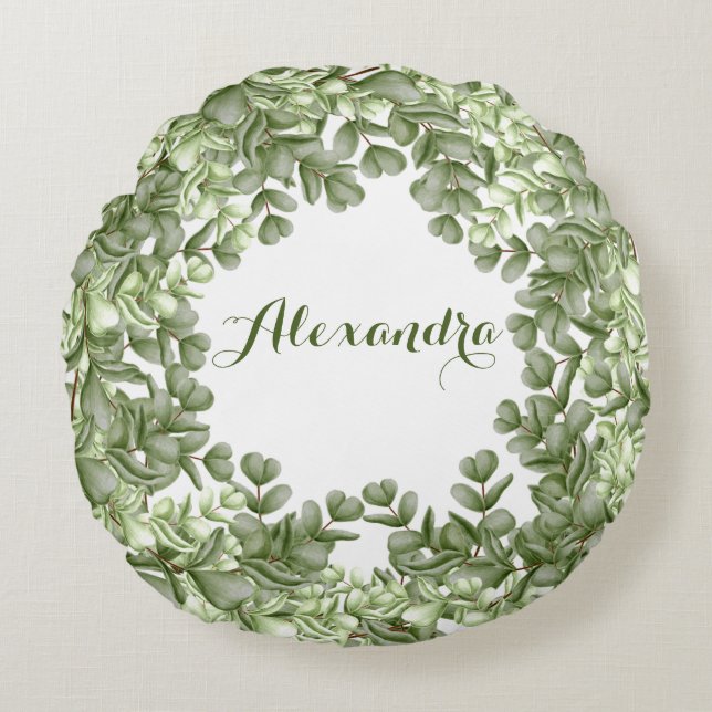 Elegant Eucalyptus Greenery Wreath Green White Rundes Kissen (Vorderseite)