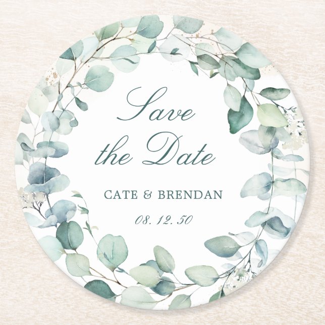 Elegant Eucalyptus Greenery Wreath Save the Date Runder Pappuntersetzer (Vorderseite)