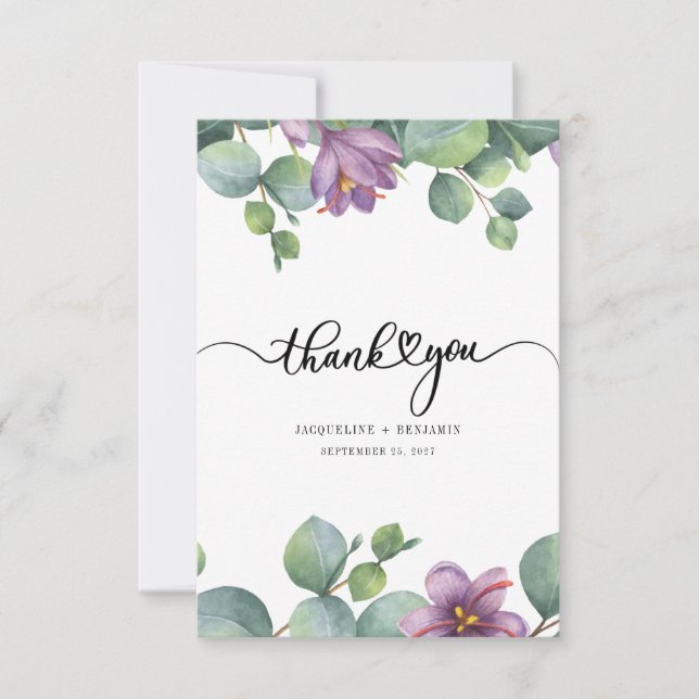 Elegant Eucalyptus Handgeschriebene Hochzeit Dankeskarte (Vorderseite)
