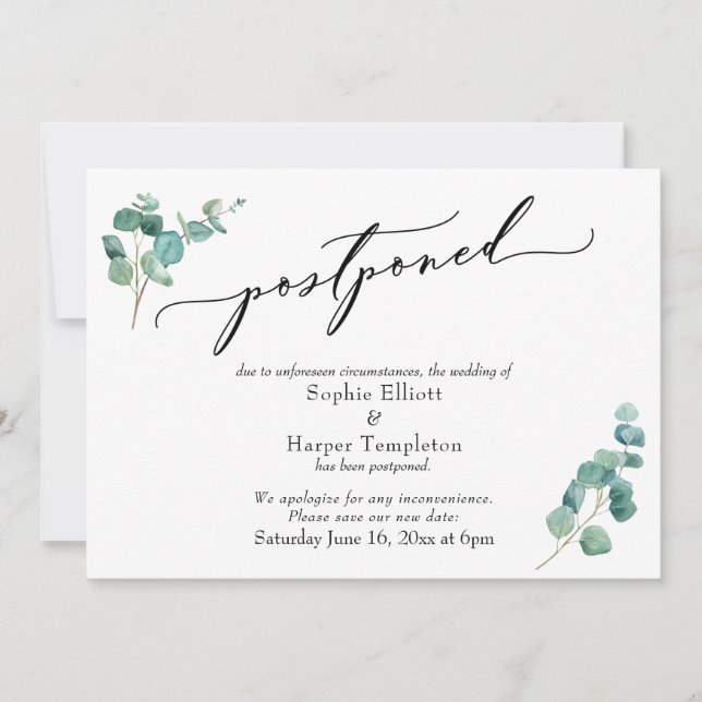 Elegant Eucalyptus Hinausgezögerte Hochzeitsankünd Einladung (Vorderseite)
