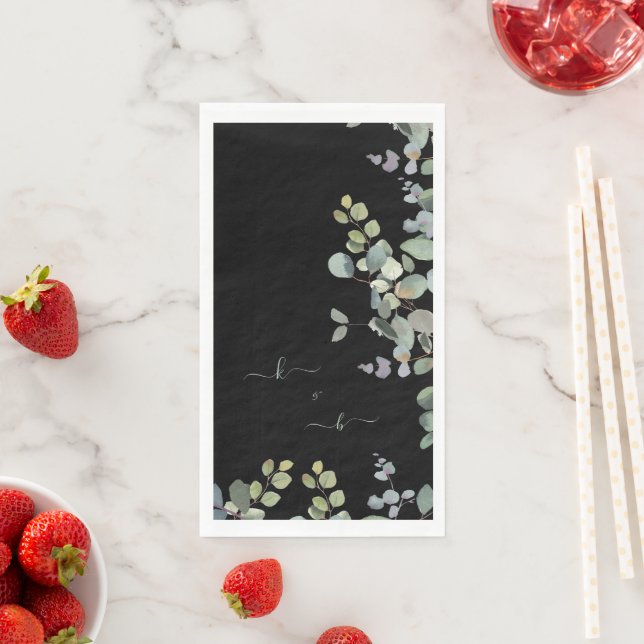 Elegant Eucalyptus Initials Black Serviette (Beispiel)