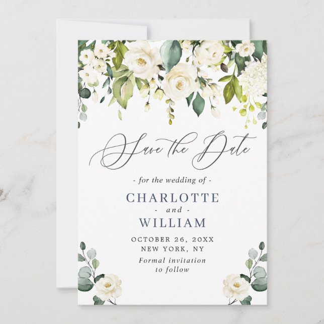 Elegant Eucalyptus Ivory White Roses Wedding Save The Date (Vorderseite)