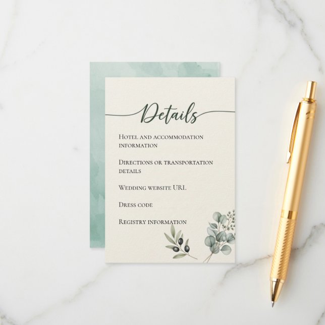 Elegant Eucalyptus Mariage Détails Carte de boîtie (Devant/Arrière en situation)
