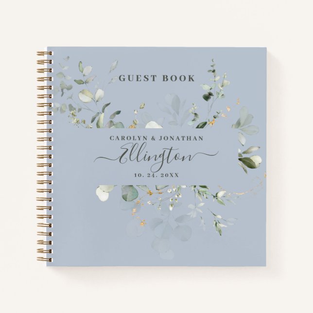 Elégant Eucalyptus Modern Script Photo Livre d'or (Devant)