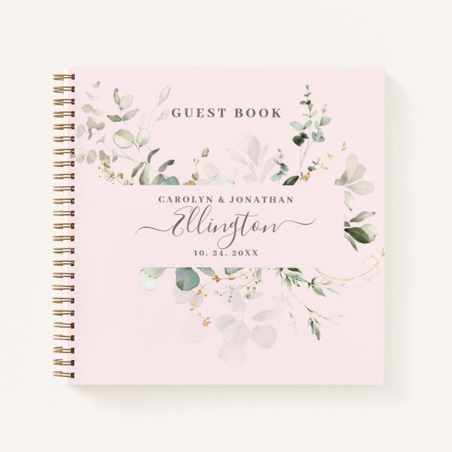 Elegant Eucalyptus Modernes Script Foto Gästebuch Notizbuch (Vorderseite)