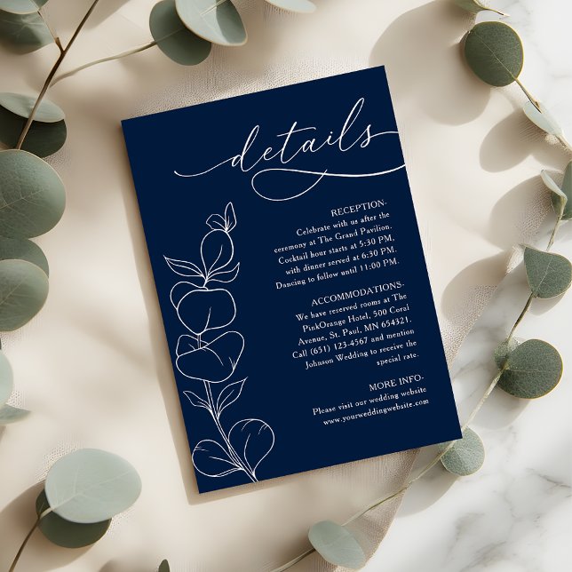 Elegant Eucalyptus Navy Blue Wedding Details Begleitkarte (Von Creator hochgeladen)