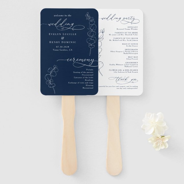 Elegant Eucalyptus Navy Blue Wedding Program Fächer (Vorne und Hinten)