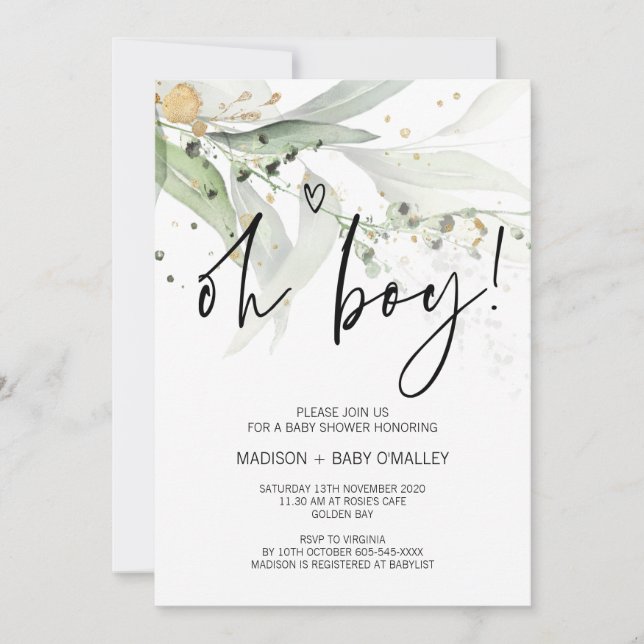 Elegant Eucalyptus Oh Boy Baby Shower Party Einladung (Vorderseite)