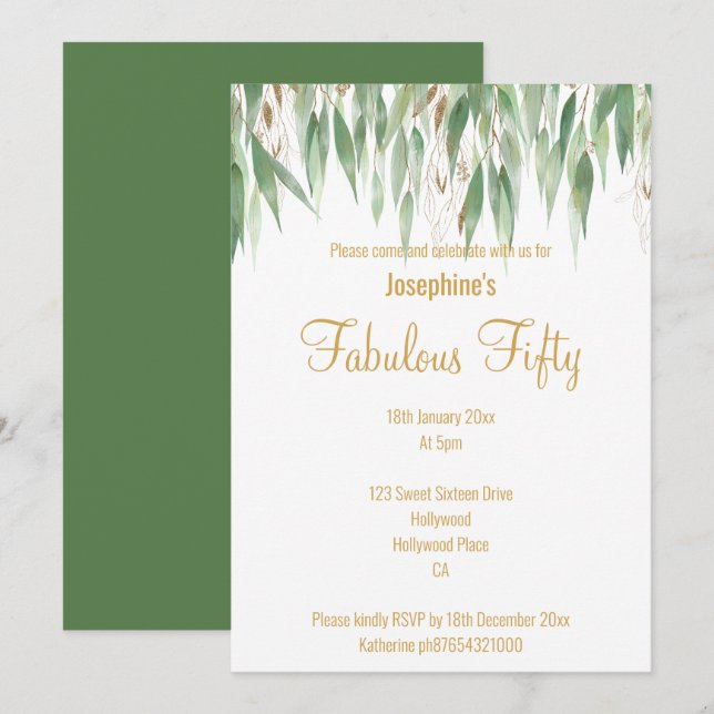 ÉLÉGANT EUCALYPTUS OR BLANC INVITATION PERSONNALIS (Devant / Derrière)