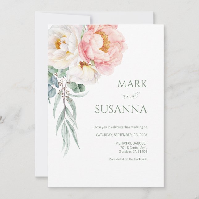 Elegant Eucalyptus Peonies Wedding Einladung (Vorderseite)