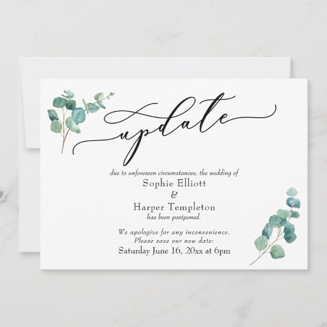 Elegant Eucalyptus Postpond Mariage Carte de mise  (Devant)