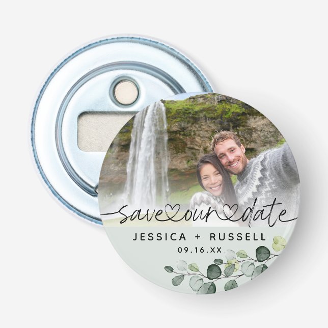 Elegant Eucalyptus Rette unser Date Foto Hochzeit Flaschenöffner (Vorderseite)