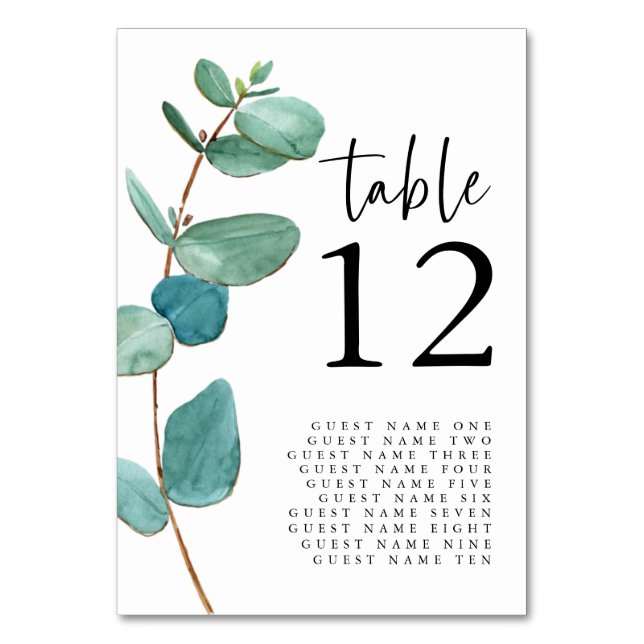 Elegant Eucalyptus Script Wedding Guest names Tischnummer (Vorderseite)