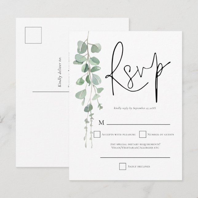 Elegant Eucalyptus Script Wedding RSVP Einladungspostkarte (Vorne/Hinten)
