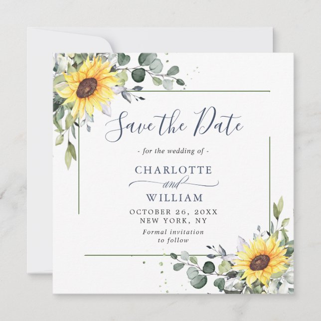 Elegant Eucalyptus Sonnenblumen Hochzeit Save The Date (Vorderseite)