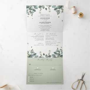 Élégant Eucalyptus tout en un Mariage Tri-Fold Inv