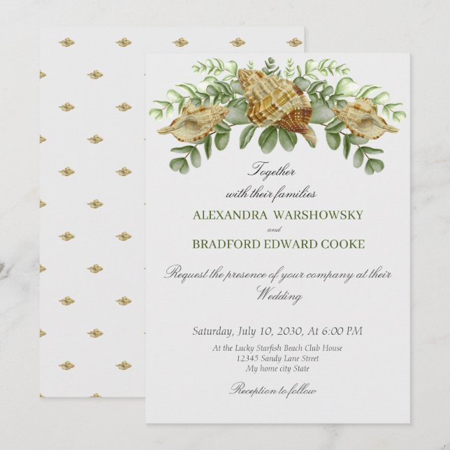 Elegant Eucalyptus und Seashell Wedding Einladung (Vorne/Hinten)