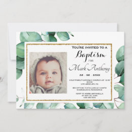 Elégant Eucalyptus Verdure Baptême Invitation