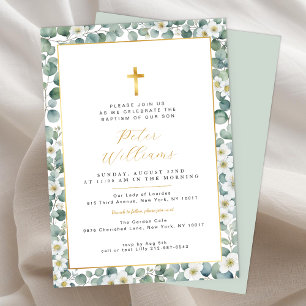 Elégant Eucalyptus Verdure Baptême Invitation