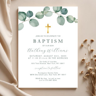 Elégant Eucalyptus Verdure Baptême Invitation
