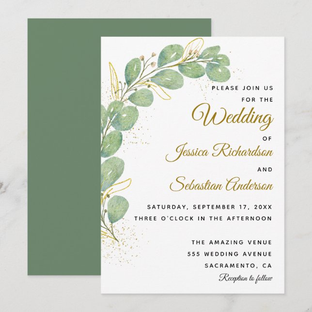 Elegant Eucalyptus Verlasse Grüne Hochzeit Einladung (Vorne/Hinten)