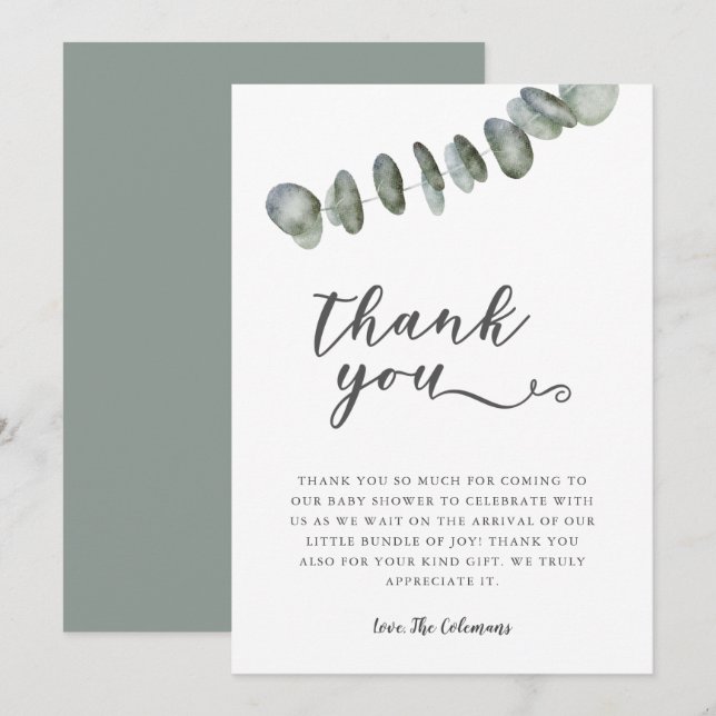 Elegant Eucalyptus Watercolor Blätter Baby Shower Dankeskarte (Vorne/Hinten)