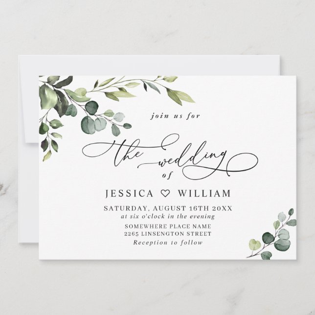 Elegant Eucalyptus Watercolor Grüne Hochzeit Einladung (Vorderseite)