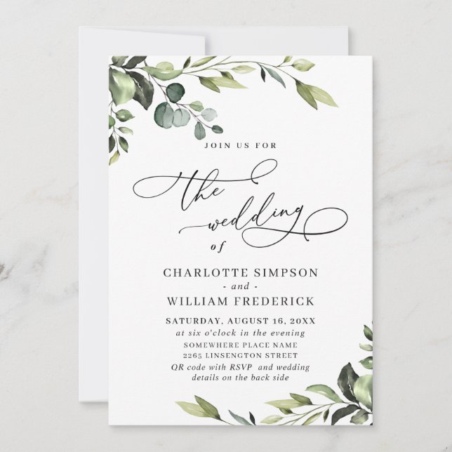 Elegant Eucalyptus Watercolor Grüne Hochzeit Einladung (Vorderseite)