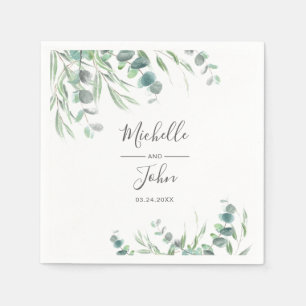 Elegant Eucalyptus Watercolor Name Script Wedding Serviette