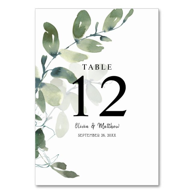 Elegant Eucalyptus Watercolor Wedding Tischnummer (Vorderseite)