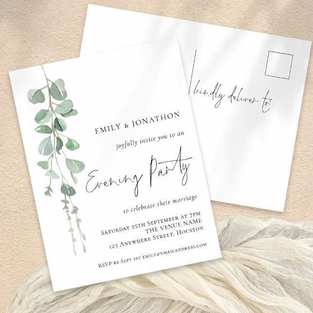 Elegant Eucalyptus Wedding Abend Party Einladung Postkarte (Front and Back View)