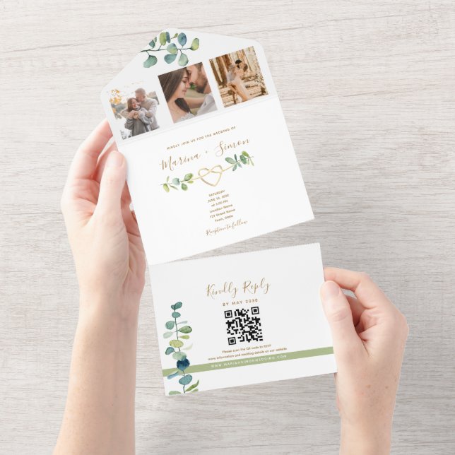 Elegant Eucalyptus Wedding Invitation with QR Code All In One Einladung (Abreißen)