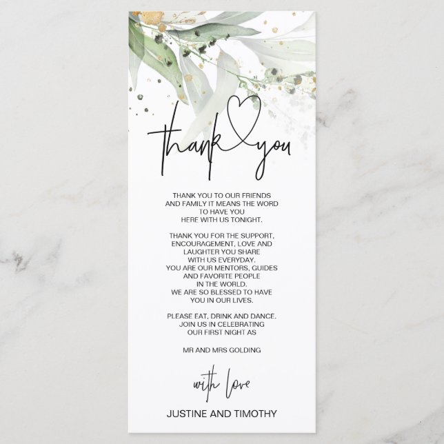Elegant Eucalyptus Wedding Vielen Dank Tischeinste Menükarte (Vorderseite)