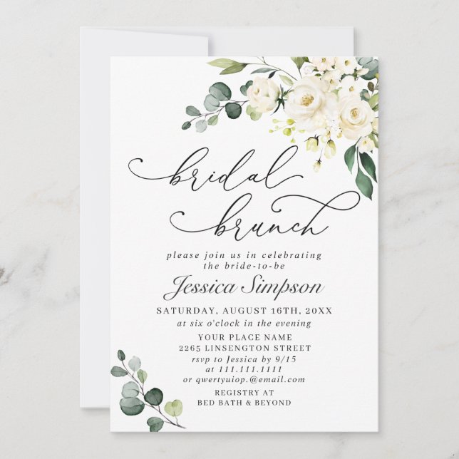 Elegant Eucalyptus White Roses Bridal Brunch Einladung (Vorderseite)