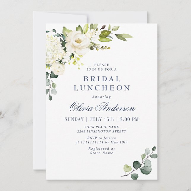 Elegant Eucalyptus White Roses BRIDAL LUNCHEON Einladung (Vorderseite)
