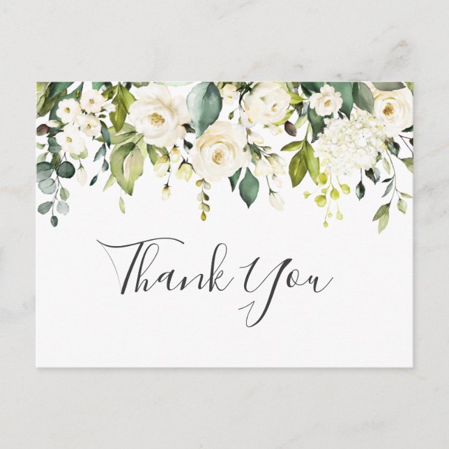 Elegant Eucalyptus White Roses Floral Vielen Dank Postkarte (Vorderseite)