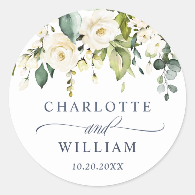 Elegant Eucalyptus White Roses Wedding Vielen Dank Runder Aufkleber (Vorderseite)