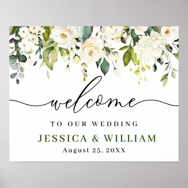 Elegant Eucalyptus White Roses Wedding Willkommen Poster (Vorne)