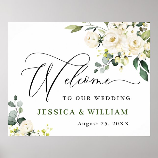 Elegant Eucalyptus White Roses Wedding Willkommen Poster (Vorne)