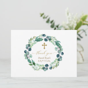 Elegant Eucalyptus Wreath Gold Foto Boy Baptisse Dankeskarte